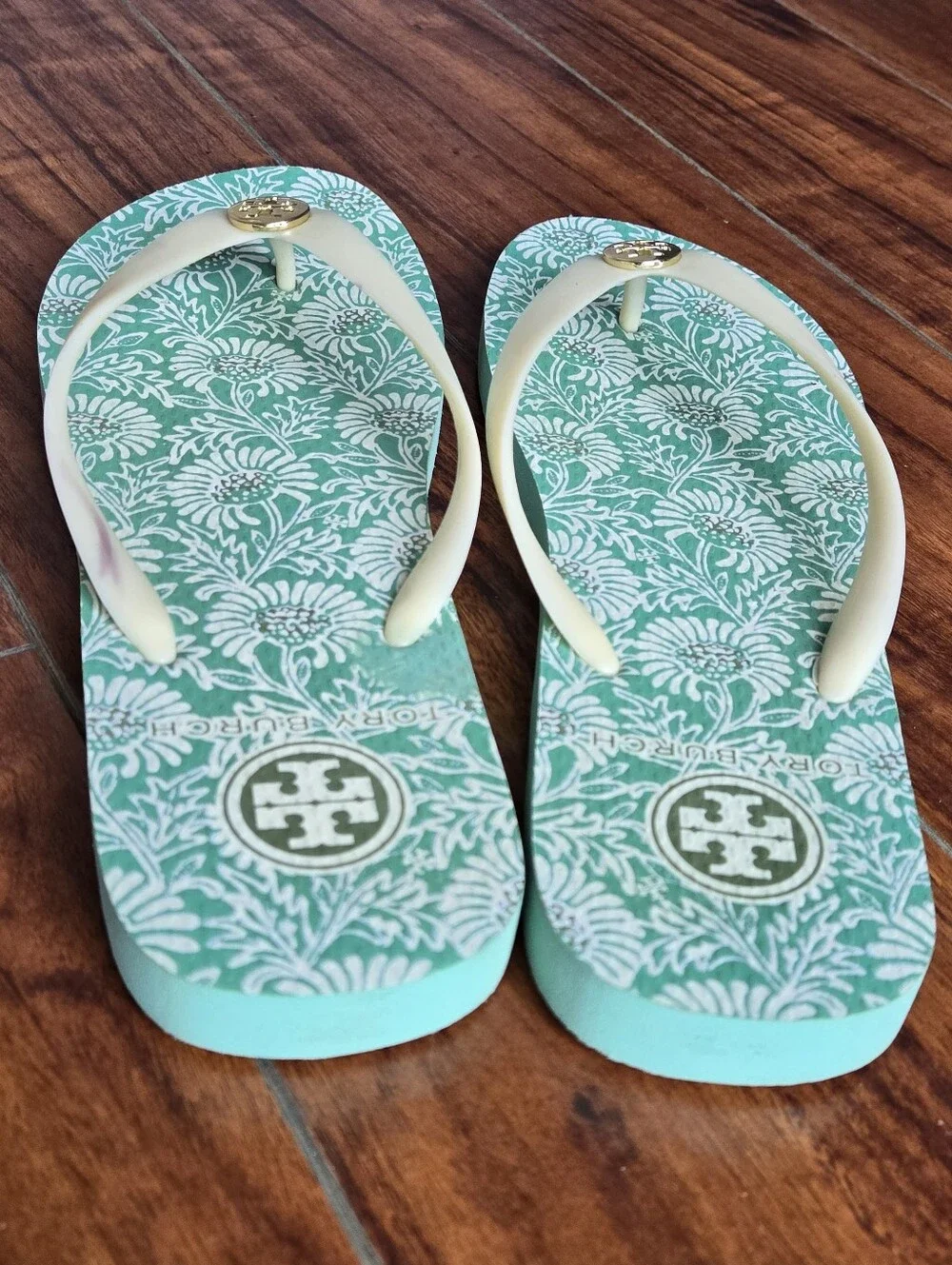 Tory Burch Logo Floral Green & Cream Flip Flops